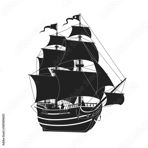 Black silhouette of a large sailing ship with billowing sails. Ideal for travel brochures, nautical designs, historical illustrations, and marinethemed projects.
