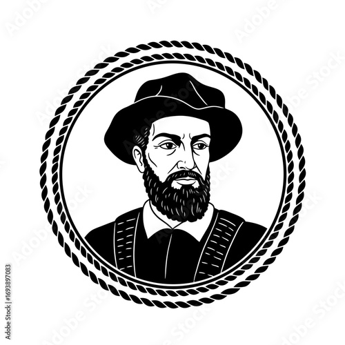 Bearded man with a hat inside a rope border, suitable for vintage or westernthemed designs, logos, or social media posts.