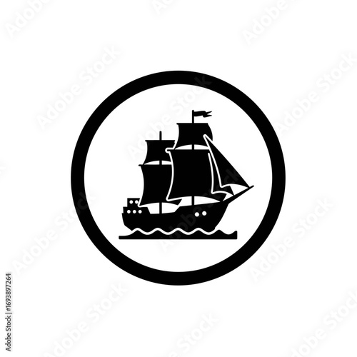 Black silhouette of a sailing ship inside a circle suitable for logos, nauticalthemed designs, travel websites, and sailorrelated graphics.