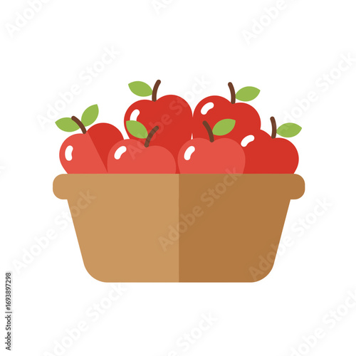 Basket filled with ripe red apples with green leaves suitable for fall harvest, healthy food concepts, autumn themes, and farmers market designs.