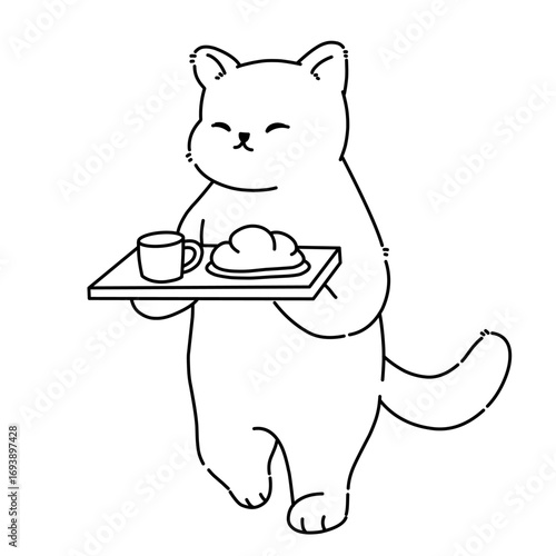 Cute cat holding a tray with bread and coffee. Adorable kawaii cartoon animal illustration for breakfast, cafe, and cozy lifestyle concepts. Cartoon cat line art outline illustration.