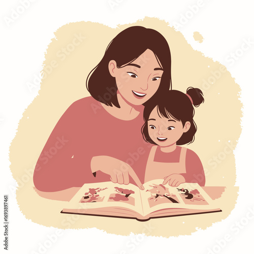 Mother and daughter bonding over a picture book, perfect for family, education, childhood, reading, love, joy, and togetherness concepts.