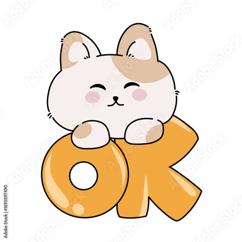 Cute cartoon cat with pink cheeks holding big orange "OK" letters. Fun kawaii animal illustration for stickers, emoji, or playful designs. Cute cat cartoon illustration art.