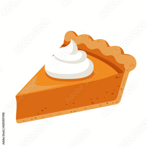Slice of pumpkin pie with whipped cream, perfect for autumnthemed designs, thanksgiving promotions, or recipe illustrations.