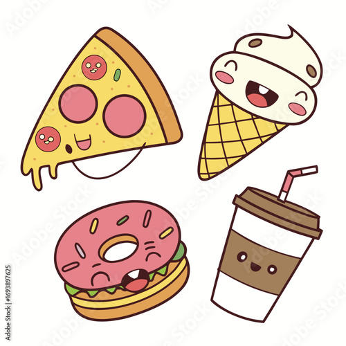 Delightful fast food cartoon characters pizza slice, ice cream cone, donut burger, and coffee cup with adorable faces