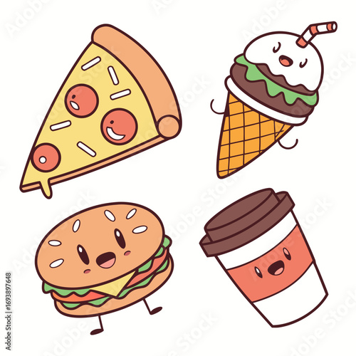 Charming fast food cartoon characters pizza slice, ice cream cone, hamburger, and coffee cup with expressive faces
