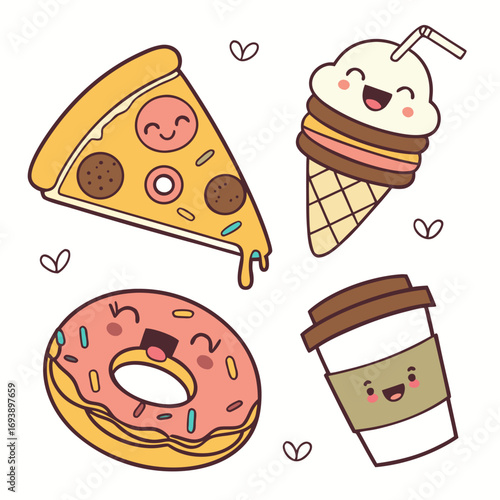 Illustration of a pizza, ice cream, donut, and drink with cute faces for a fun and playful design or decoration