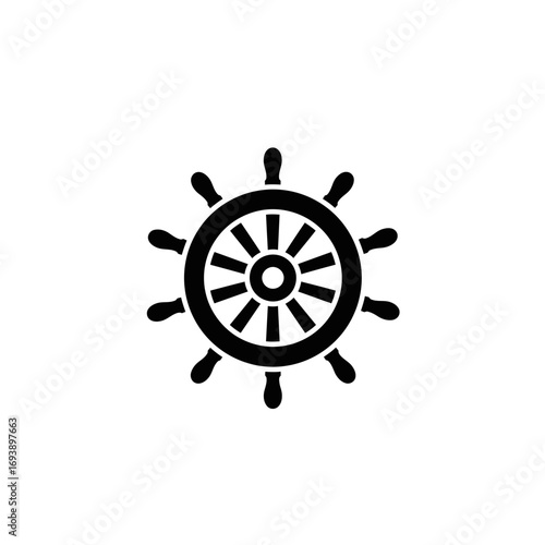 Black ships steering wheel with many spokes depicting vintage nautical design. Suitable for maritime, travel, adventure, and exploration concepts.