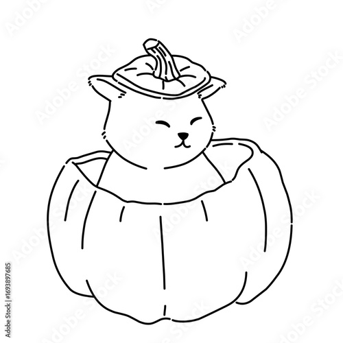 Cute cartoon cat sitting inside a pumpkin with lid hat. Adorable kawaii autumn, Halloween, and seasonal illustration. Cartoon cat line art outline illustration.