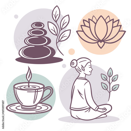 Zen wellness concept stacked stones, lotus flower, cup of tea, and meditating woman for relaxation and mindfulness practice