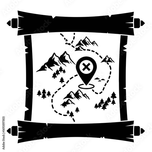 Ancient treasure map with mountains and marked treasure spot suitable for adventure graphics, fantasy literature, historical concepts, and cartography designs.