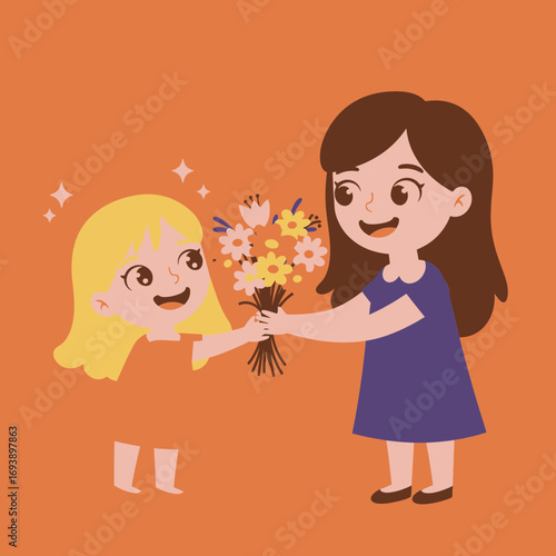 Two girls in a joyful moment as one presents a bouquet. Suitable for greeting cards, celebrations, friendship, love, gratitude, and feminine themes.