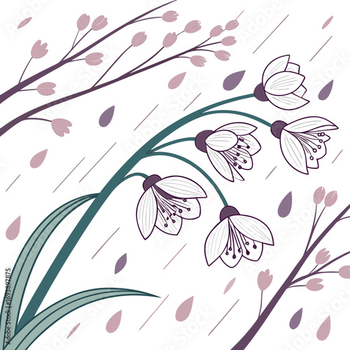 Snowdrop flowers in the rain spring blossom with rain drops floral design with snowdrops, branches, and rain in pastel colors