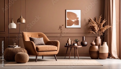 Living room interior in brown mocha mousse 2025 color with brown armchair and decor