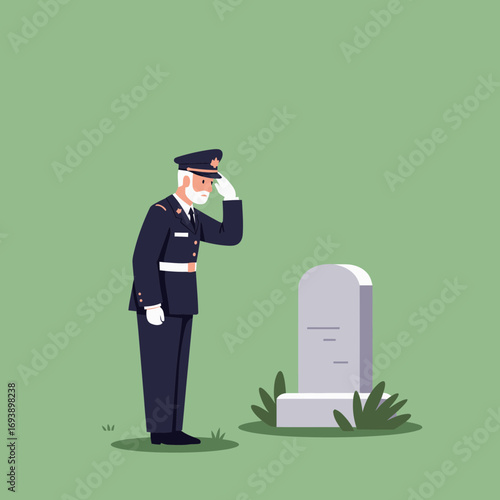 Military man salutes grave marker in solemn memorial scene. Suitable for honoring the fallen in military, veteran, and memorialthemed designs.