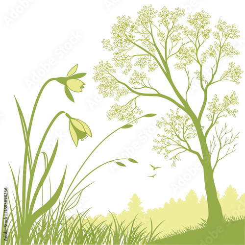 Illustration of a tree and daffodils in a field, creating a serene and natural scene the composition evokes a sense of tranquility