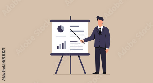 Businessman Presenting Data on a Whiteboard with Pointer.