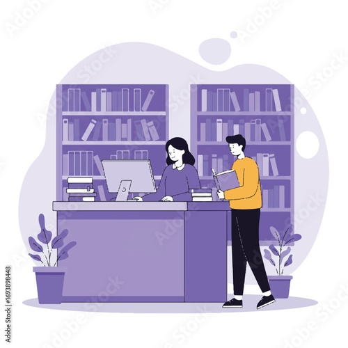 A helpful librarian assists a student in finding a book at a library desk, with filled bookshelves and a visible computer screen depicted in a clean 2D flat vector illustration.