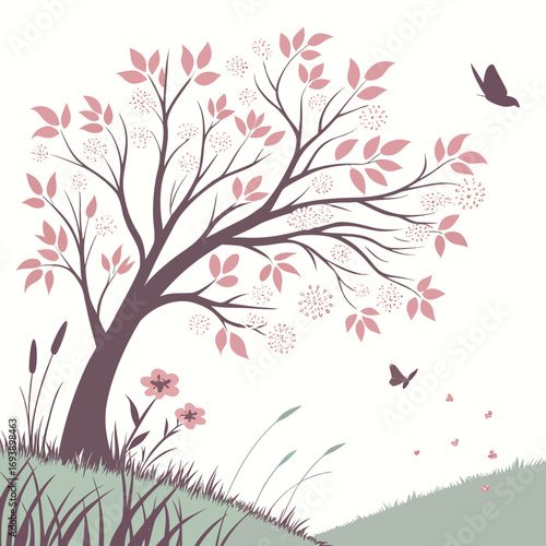 A whimsical spring tree, adorned with delicate pink leaves, surrounded by lush grass, and graced by fluttering butterflies in a serene scene