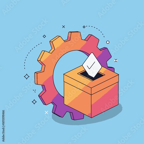 Gear and ballot box in stylized design, perfect for electionthemed graphics and voting concept illustrations for various projects.