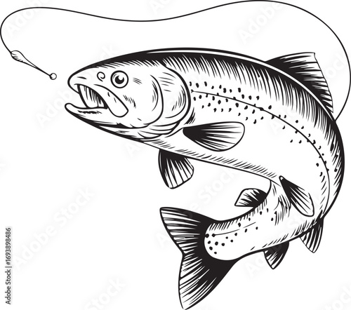 Vintage Fishing Hook with Fish engraving outline vector art illustration design,  Fish silhouette, hand drawn, line art fish design