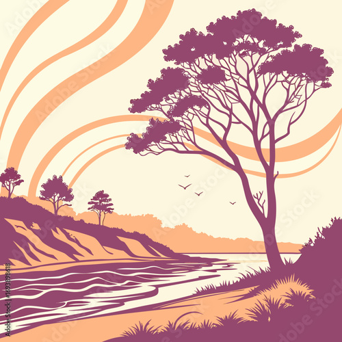 Scenic coastal landscape illustration with a solitary tree silhouetted against a stylized sky, evoking a sense of tranquility and natural beauty
