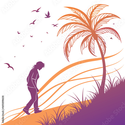 A lone figure walks along a sandy path towards a vibrant palm tree, silhouetted against a clear sky with birds flying above