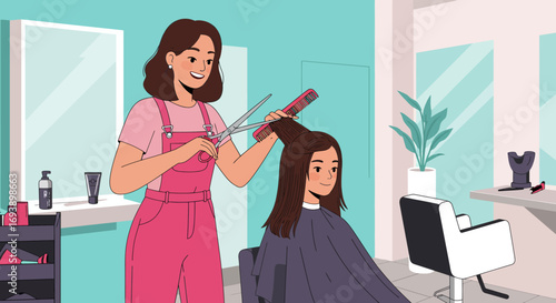 Hairdresser Cutting Clients Hair in Salon Setting.