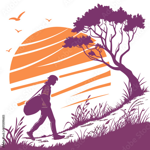 A lone traveler ascends a hill, silhouetted against a vibrant sunset, with birds soaring overhead and a tree adding depth to the