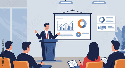 Business Presentation with Speaker and Audience in Conference Room.