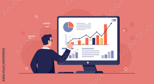 Businessman Analyzing Financial Data on Computer Screen.