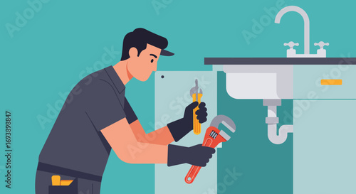 Plumber Repairing Sink with Adjustable Wrench and Tools.