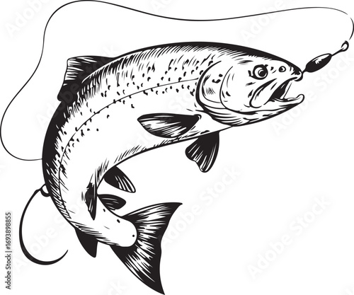 Vintage Fishing Hook with Fish engraving outline vector art illustration design,  Fish silhouette, hand drawn, line art fish design