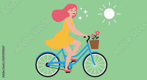 Happy Woman Riding Blue Bicycle with Flowers.