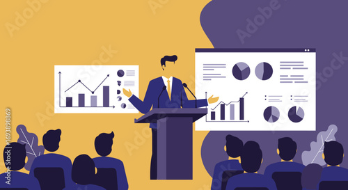Business Presentation with Speaker and Audience Illustration.