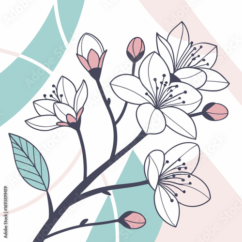 Hand drawn cherry blossom branch with flowers and buds spring floral design element in pastel colors for cards and prints