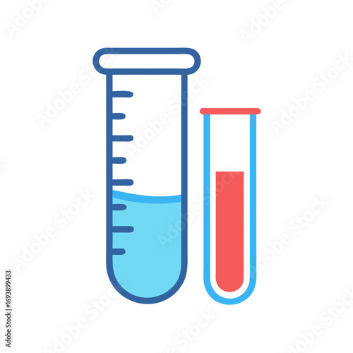 Two test tubes with blue and red liquid on a black background illustration