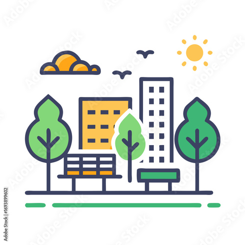 Stylized urban park illustration with city buildings, trees, bench, and a sunny sky