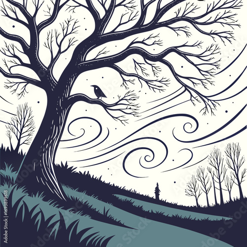A stark winter scene features a bare tree with a raven perched on a branch, set against a windy sky, creating a moody atmosphere
