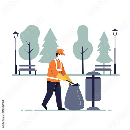 A diligent sanitation worker is seen collecting trash from a public bin in a serene park, depicted in a clean 2D flat vector illustration style.