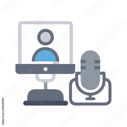 Digital Meeting Setup: Icon Illustration with Monitor and Microphone in Gray and Blue