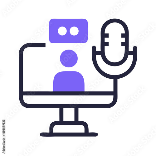 Online Podcast Recording Illustration with a desktop, avatar, camera, and microphone icons in a flat graphic style