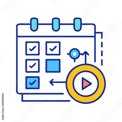Calendar with check marks and play button illustrating scheduling and planning