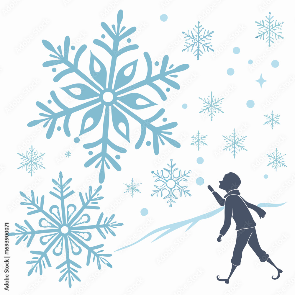 A child blowing snowflakes in winter, , creating a magical scene with delicate ice crystals and a whimsical silhouette