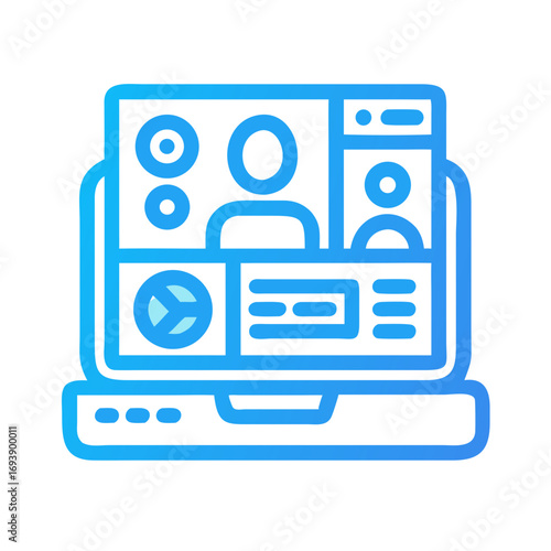 Modern laptop icon with video conference interface in blue gradient on black background