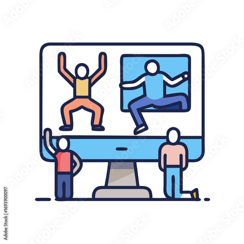 Online Collaboration and Virtual Teamwork Illustration with People on a Computer Screen