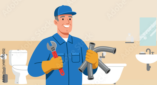 Smiling Plumber Holding Wrench and Pipes in Bathroom.
