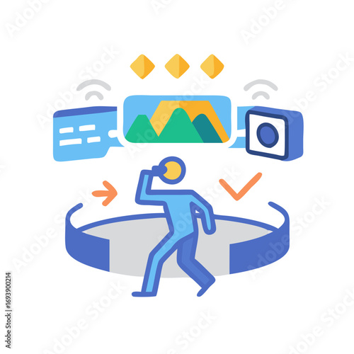 Immersive virtual reality experience with navigation and technology interface elements in vector design