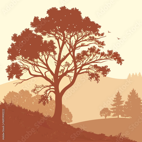 A serene landscape illustration showcases a majestic tree standing proudly on a hill, with distant hills and birds creating a peaceful and natureinspired scene