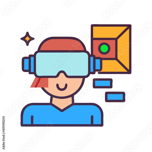 Person using virtual reality headset with geometric abstract shapes in digital world